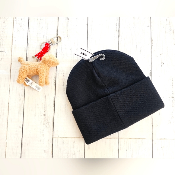 NEW LOT of 2 Victoria's Secret Black & Gold Cuffed Beanie & Fuzzy Dog Keychain - Picture 5 of 7